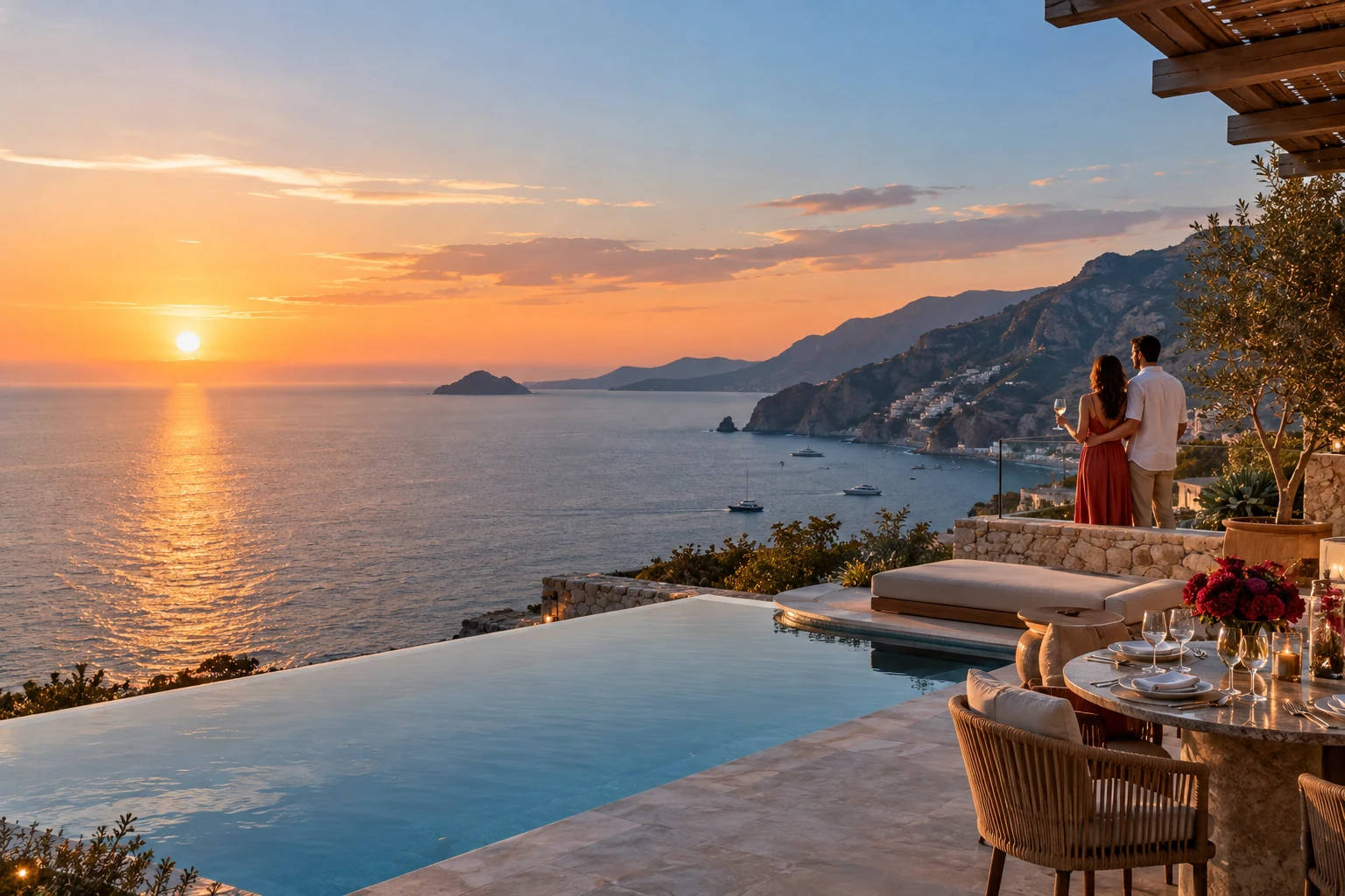 Coastal resort at sunset