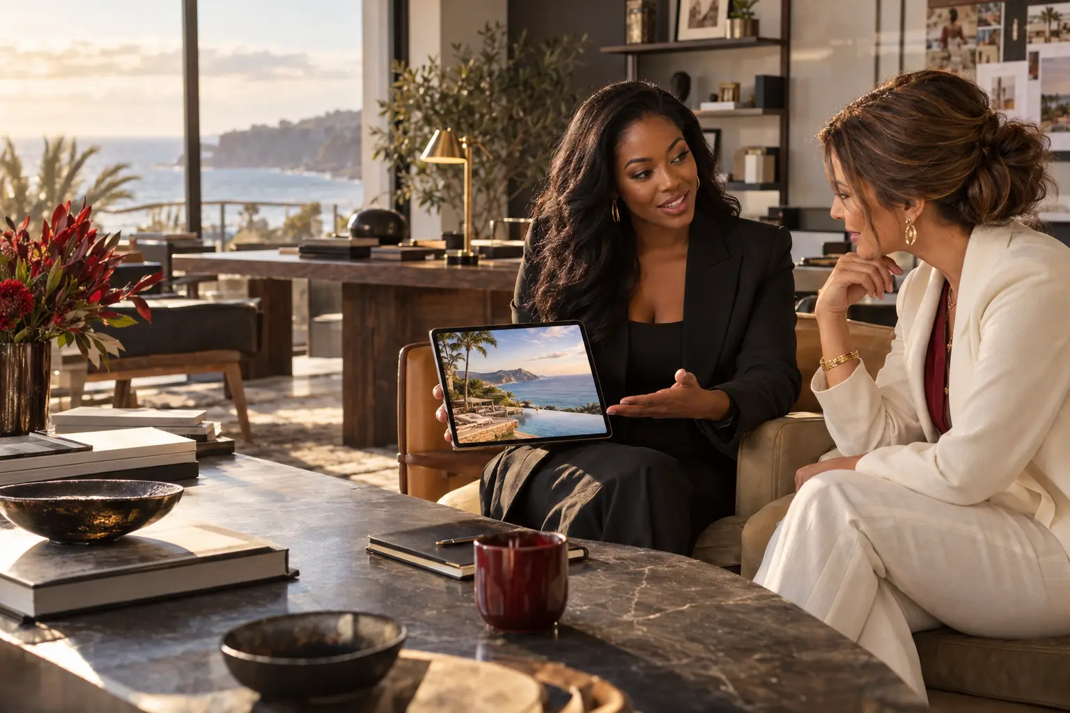 A business owner showing a customer an experience offer during a consultation